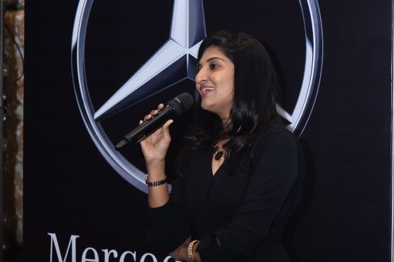 Shilpi Goel delivering speech at healthy recipe workshop with Mercedes at Mayfair, Raipur