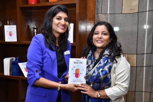 Apoorva Agrawal, the anchor, launching the book with shilpi goel during book launch event of 'Take a Shill Pill'
